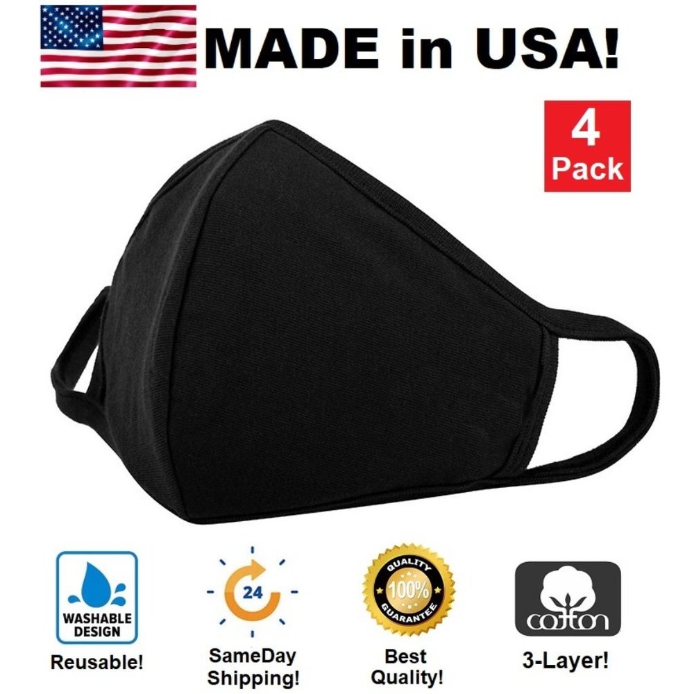 4 Black Cotton Face Mask Reusable Coverings Unisex